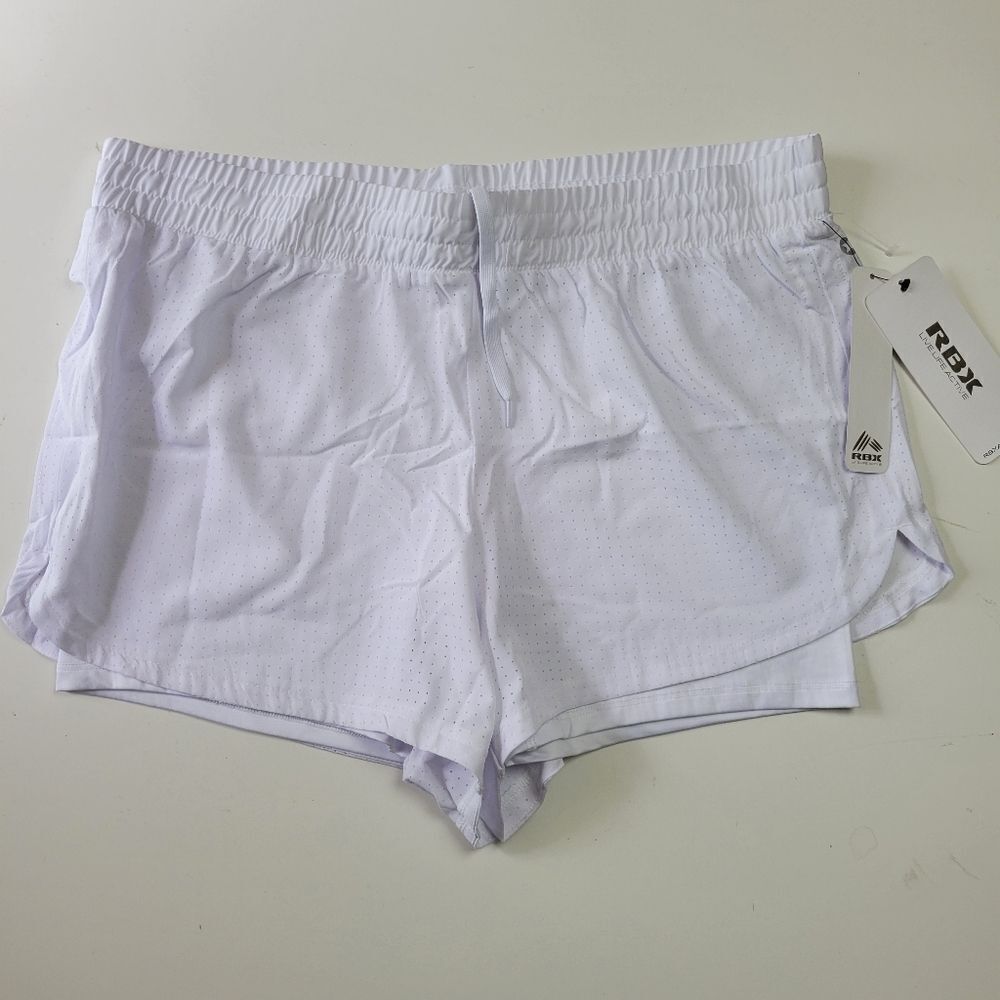 NEW L RBX ACTIVE WHITE ATHLETIC SHORTS + PANTY DRAWSTRING STRETCH LARGE NWT